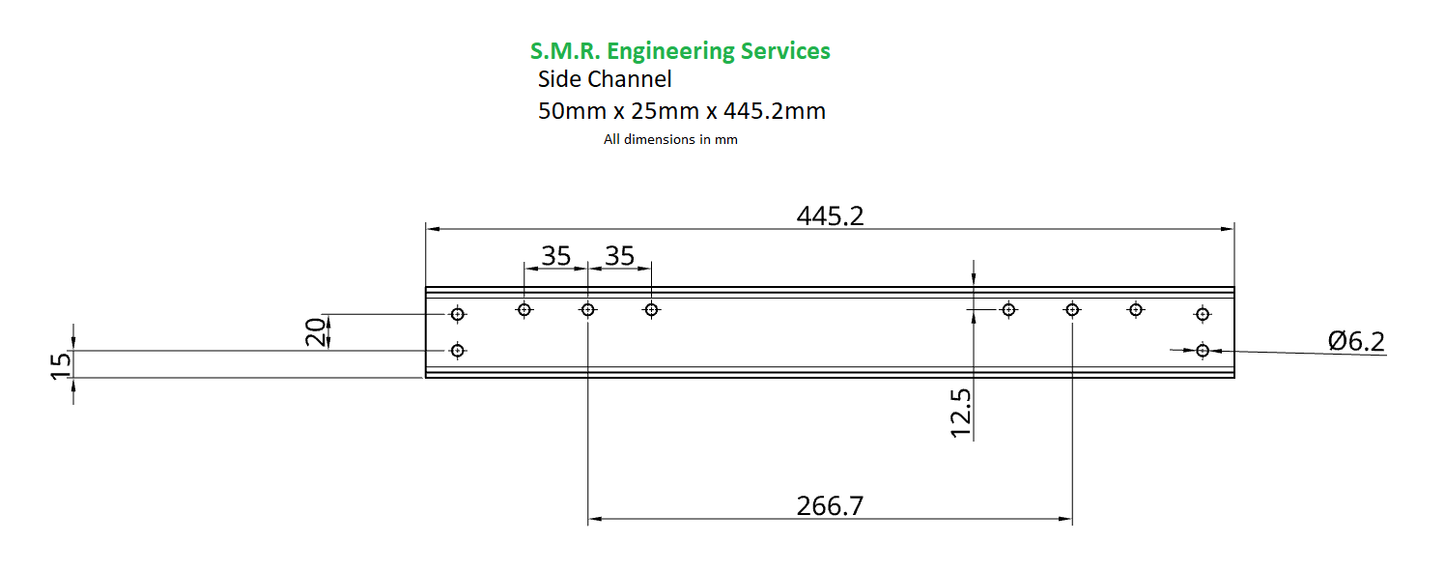 Chassis Channel for 5" or 7¼" Gauge: 50mm x 25mm x 3mm